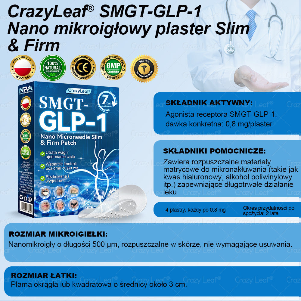 Klinicznie potwierdzone|Oficjalny sklep|𝐶𝑟𝑎𝑧𝑦𝐿𝑒𝑎𝑓® SMGT- GLP-1 Nano Microneedle Slim& Firm Patch|Działa na otyłość, wiotką skórę, nadciśnienie, cukrzycę, stłuszczenie wątroby, bóle stawów, bóle ciała i inne dolegliwości