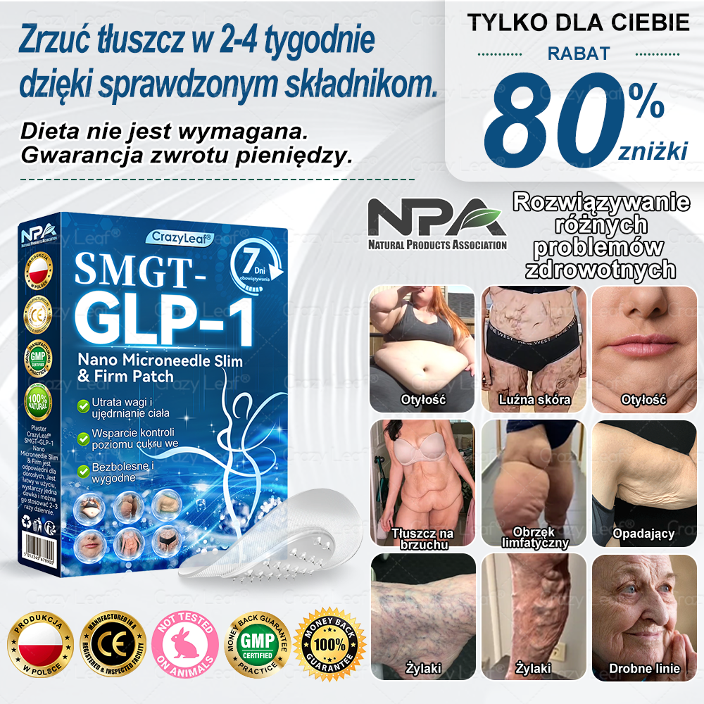 Klinicznie potwierdzone|Oficjalny sklep|𝐶𝑟𝑎𝑧𝑦𝐿𝑒𝑎𝑓® SMGT- GLP-1 Nano Microneedle Slim& Firm Patch|Działa na otyłość, wiotką skórę, nadciśnienie, cukrzycę, stłuszczenie wątroby, bóle stawów, bóle ciała i inne dolegliwości