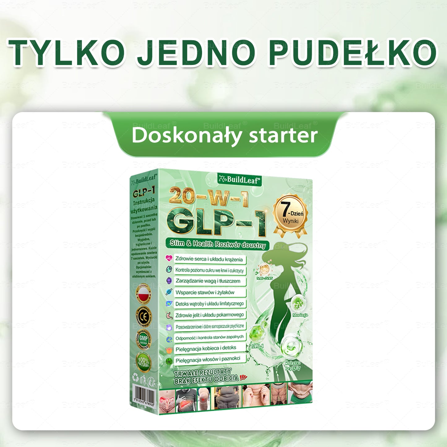 BuildLeaf® GLP-1 20 w 1 Slim & Health Oral Solution , zawierający 100 miliardów CFU aktywnych probiotyków ✅ Wspomaga kontrolę wagi, zdrowie serca, cukrzycę, a jednocześnie ujędrnia skórę i dodaje energii.