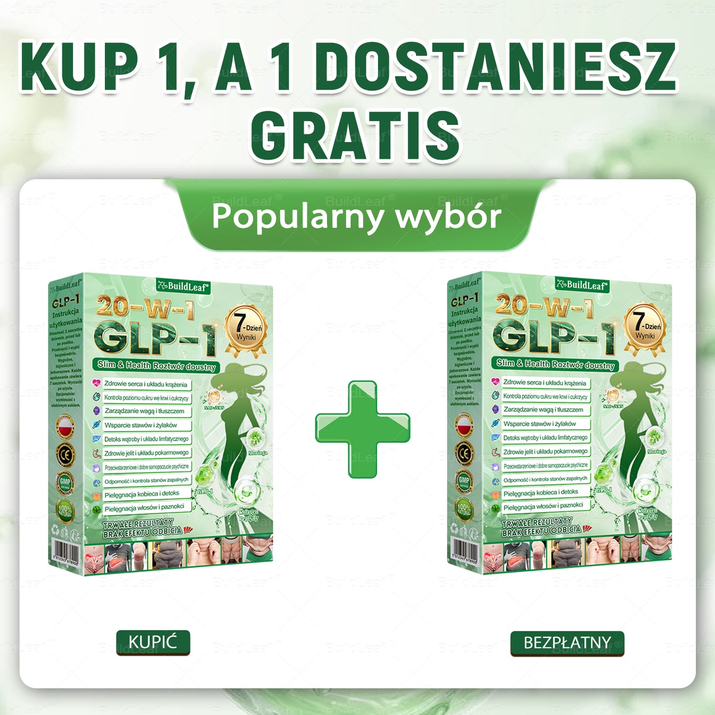 BuildLeaf® GLP-1 20 w 1 Slim & Health Oral Solution , zawierający 100 miliardów CFU aktywnych probiotyków ✅ Wspomaga kontrolę wagi, zdrowie serca, cukrzycę, a jednocześnie ujędrnia skórę i dodaje energii.