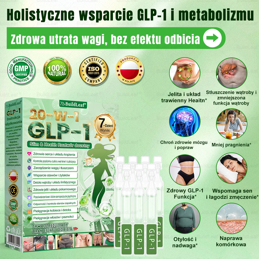 BuildLeaf® GLP-1 20 w 1 Slim & Health Oral Solution , zawierający 100 miliardów CFU aktywnych probiotyków ✅ Wspomaga kontrolę wagi, zdrowie serca, cukrzycę, a jednocześnie ujędrnia skórę i dodaje energii.