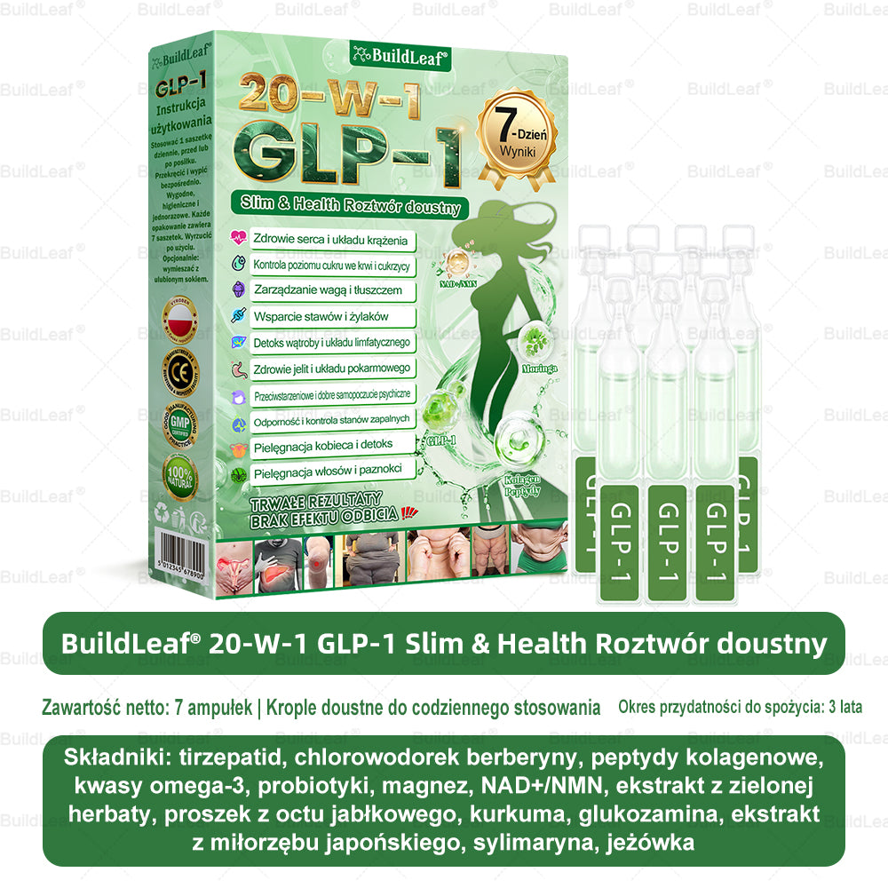 BuildLeaf® GLP-1 20 w 1 Slim & Health Oral Solution , zawierający 100 miliardów CFU aktywnych probiotyków ✅ Wspomaga kontrolę wagi, zdrowie serca, cukrzycę, a jednocześnie ujędrnia skórę i dodaje energii.