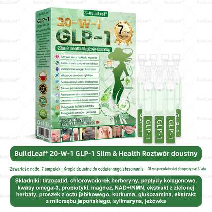 BuildLeaf® GLP-1 20 w 1 Slim & Health Oral Solution , zawierający 100 miliardów CFU aktywnych probiotyków ✅ Wspomaga kontrolę wagi, zdrowie serca, cukrzycę, a jednocześnie ujędrnia skórę i dodaje energii.