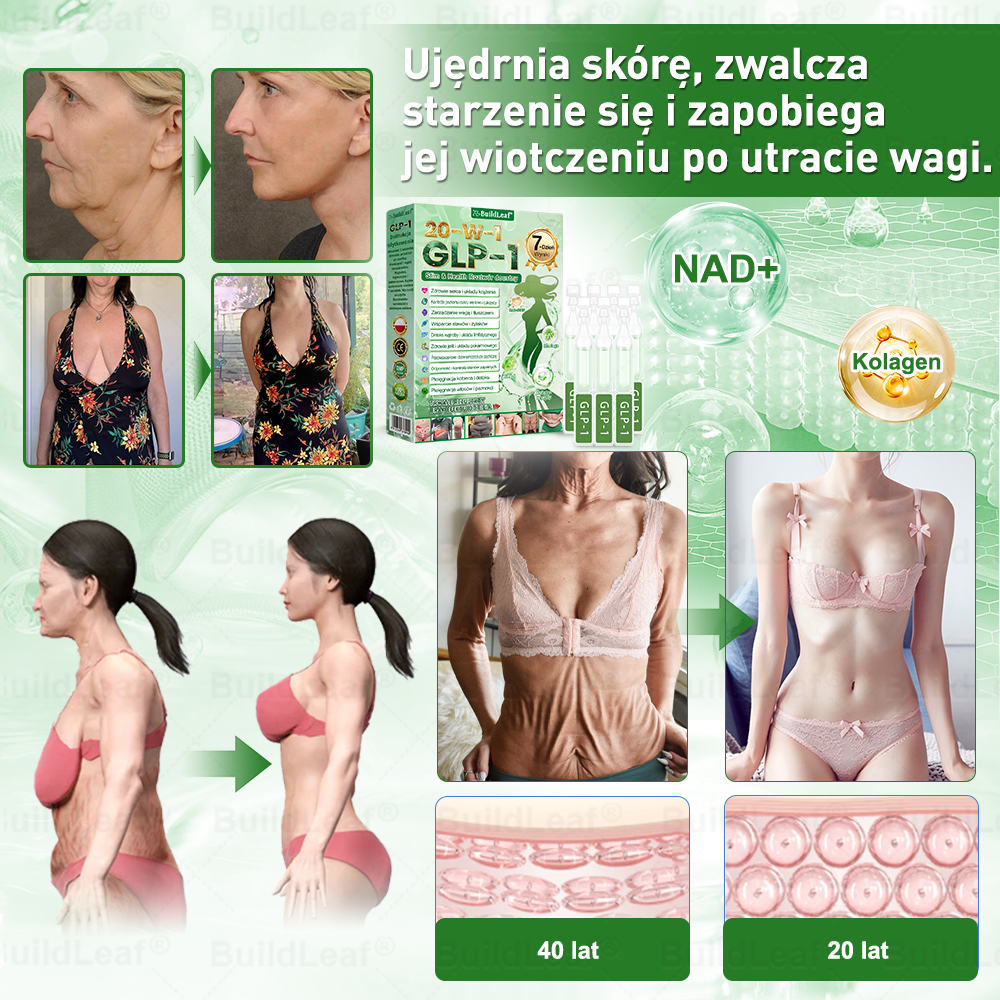 BuildLeaf® GLP-1 20 w 1 Slim & Health Oral Solution , zawierający 100 miliardów CFU aktywnych probiotyków ✅ Wspomaga kontrolę wagi, zdrowie serca, cukrzycę, a jednocześnie ujędrnia skórę i dodaje energii.